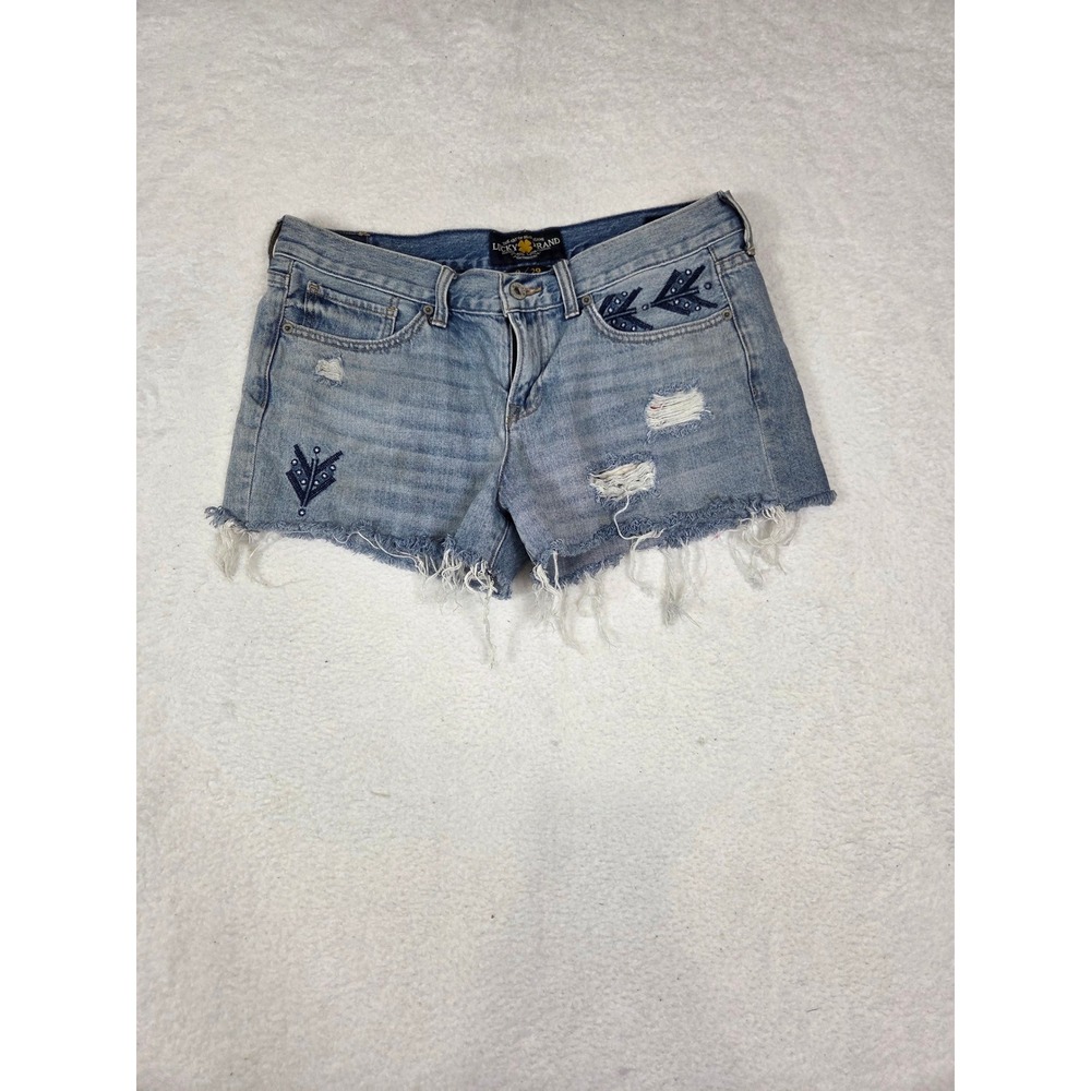 Lucky Brand The Cut Off Distressed Denim Shorts Embroidered Light Wash 8/29